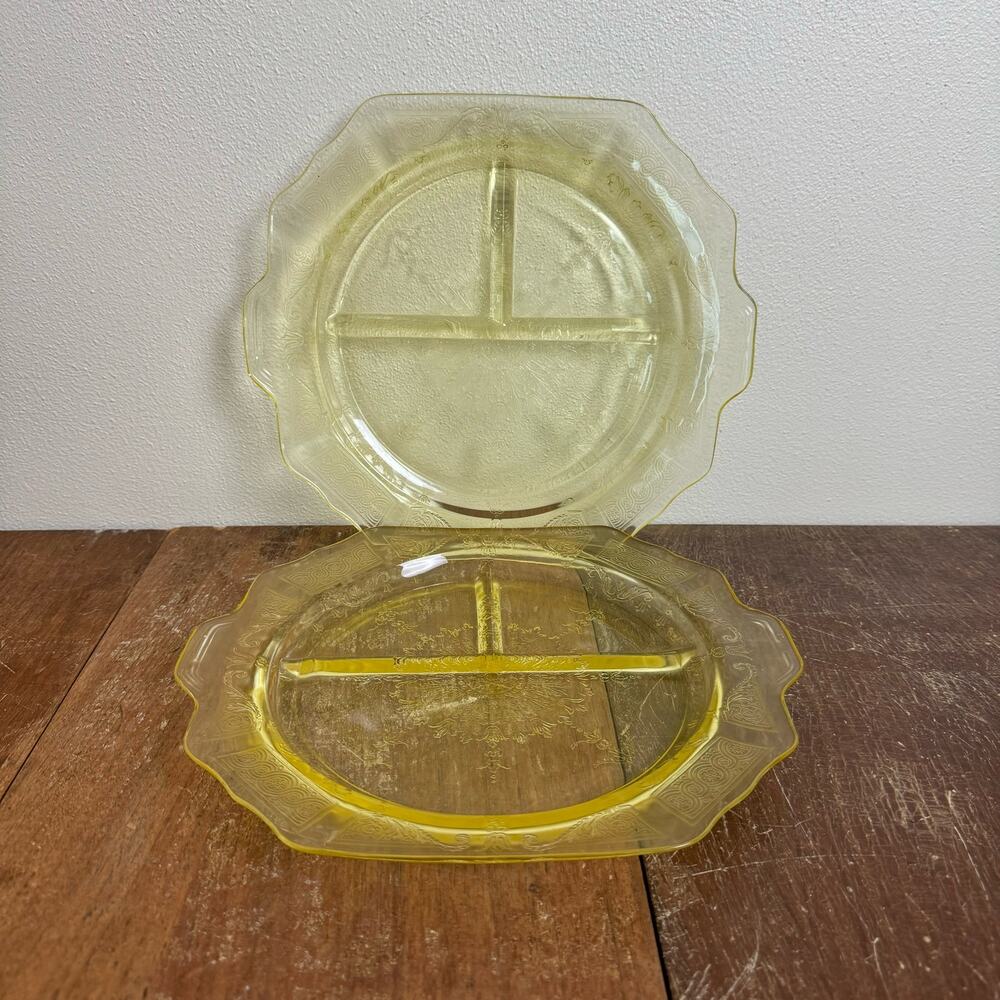 Set of 2 Hocking Yellow Depression Glass Divided‎ Grill Plate Topaz Princess